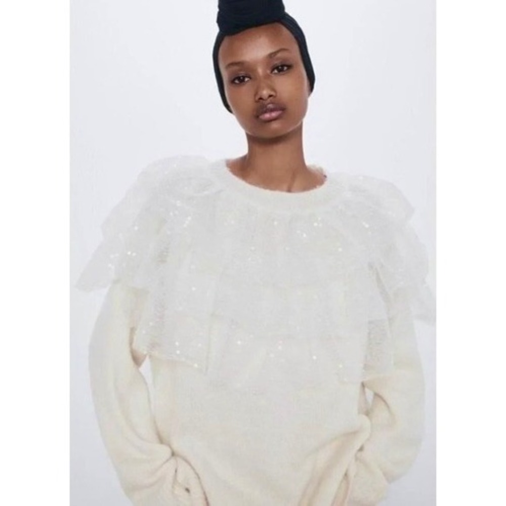 NWT!! ZARA Chic Tulle Ruffled Sequins Knit Sweater Off White Pullover Medium